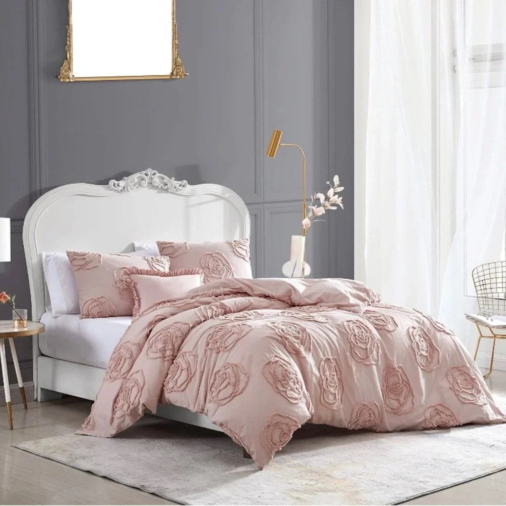 Rambling Rose Cotton Pink 4 Piece Duvet Cover Set-Full/Queen